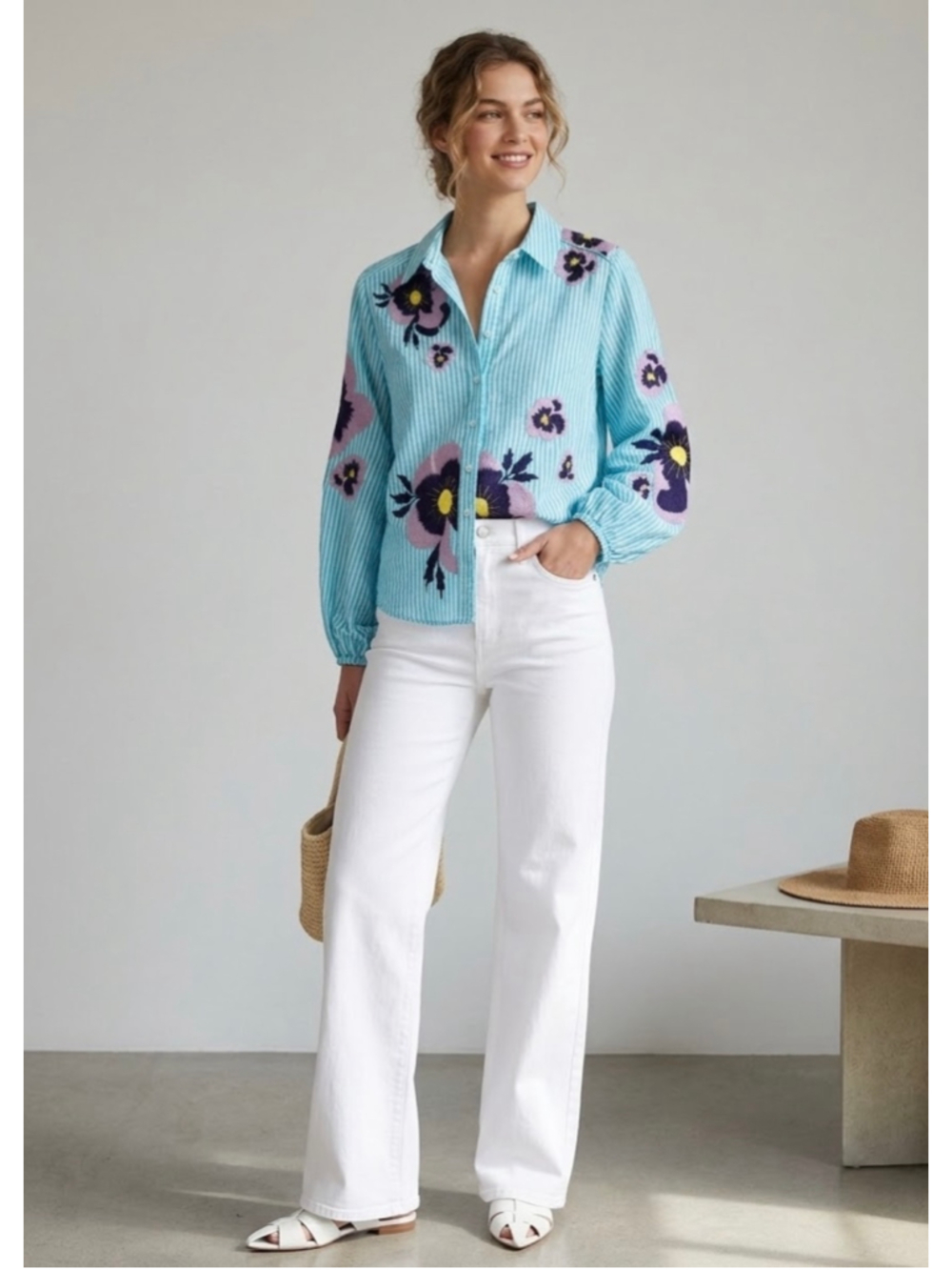 Anthropology Maeve WomButton Down Shirt XS Blue White Floral Striped Long Sleeve